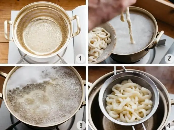 4 images collage of boiling udon noodles. 