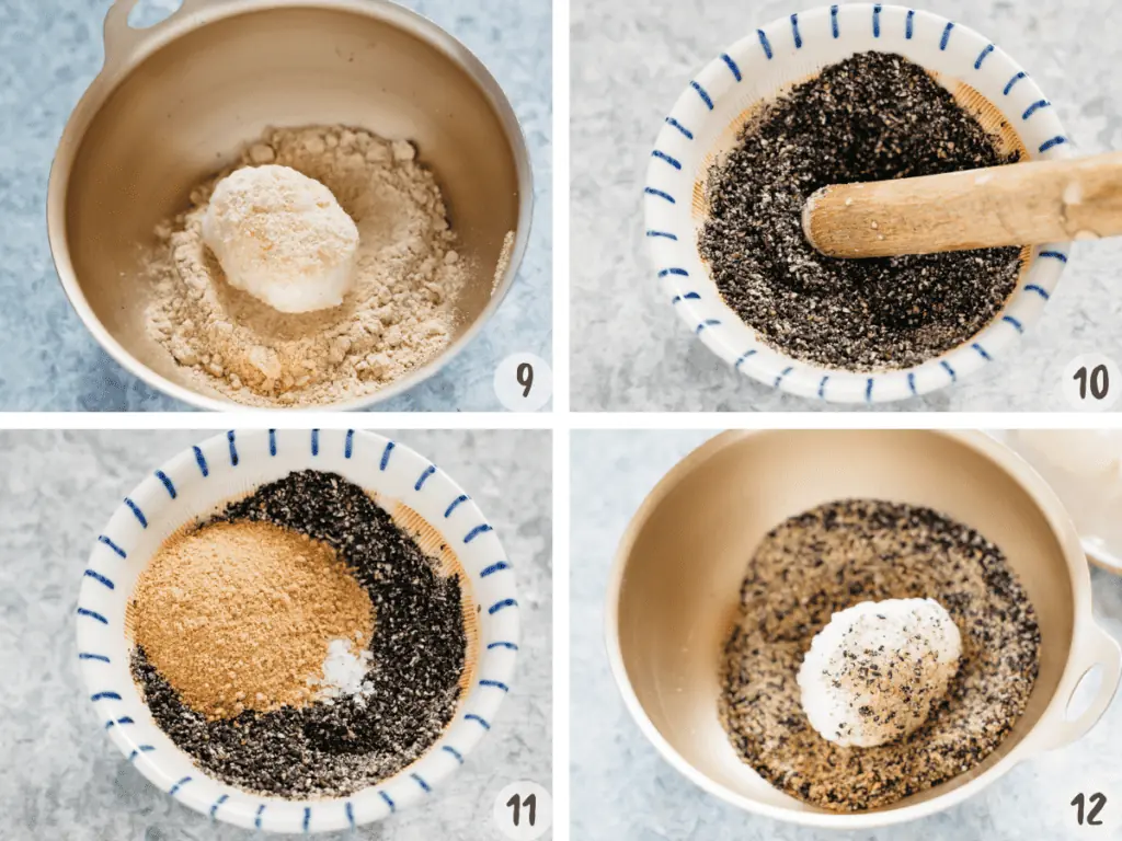 4 ohagi making images - a rice ball rolled in kinako soybean powder, and one with black sesame seeds coated 