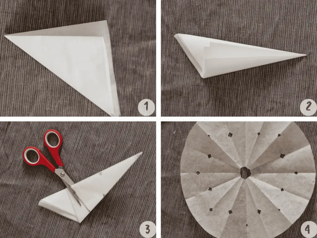 4 image collage of how to make Otoshibuta drop liid, folded parchment paper and scissors
  