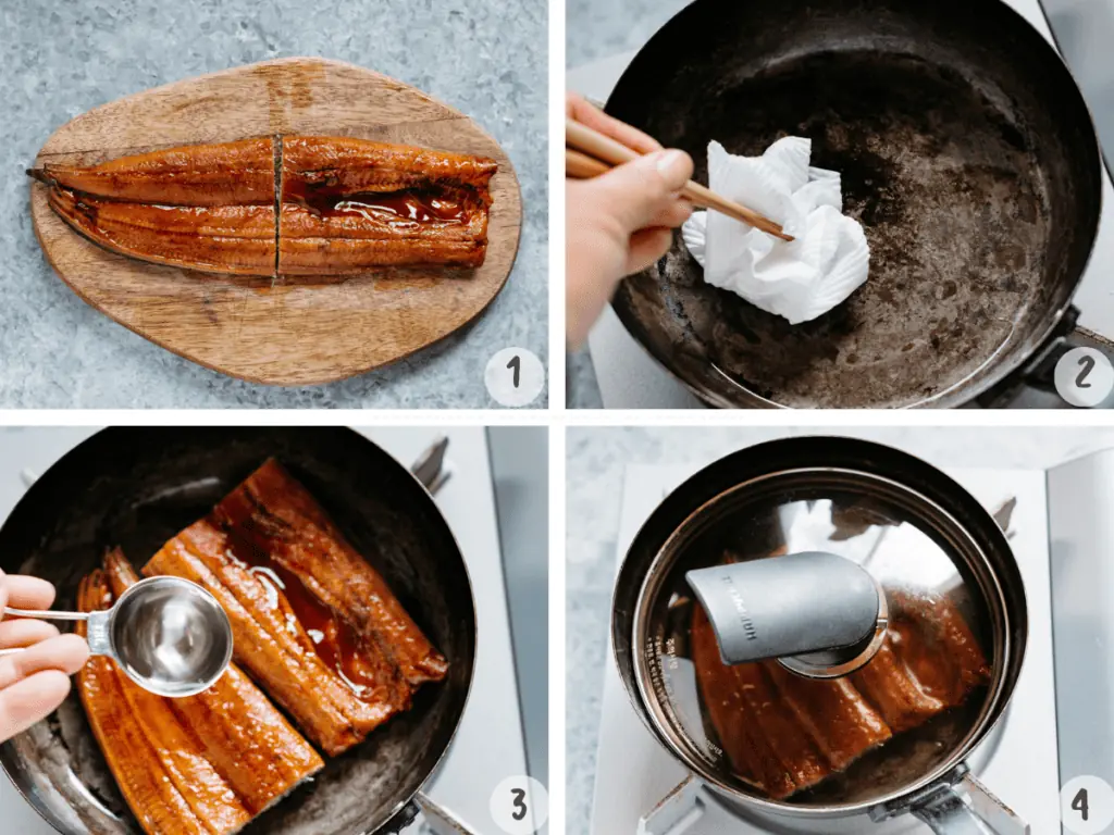 4 images collage of making unadon - preparing eel kabayaki