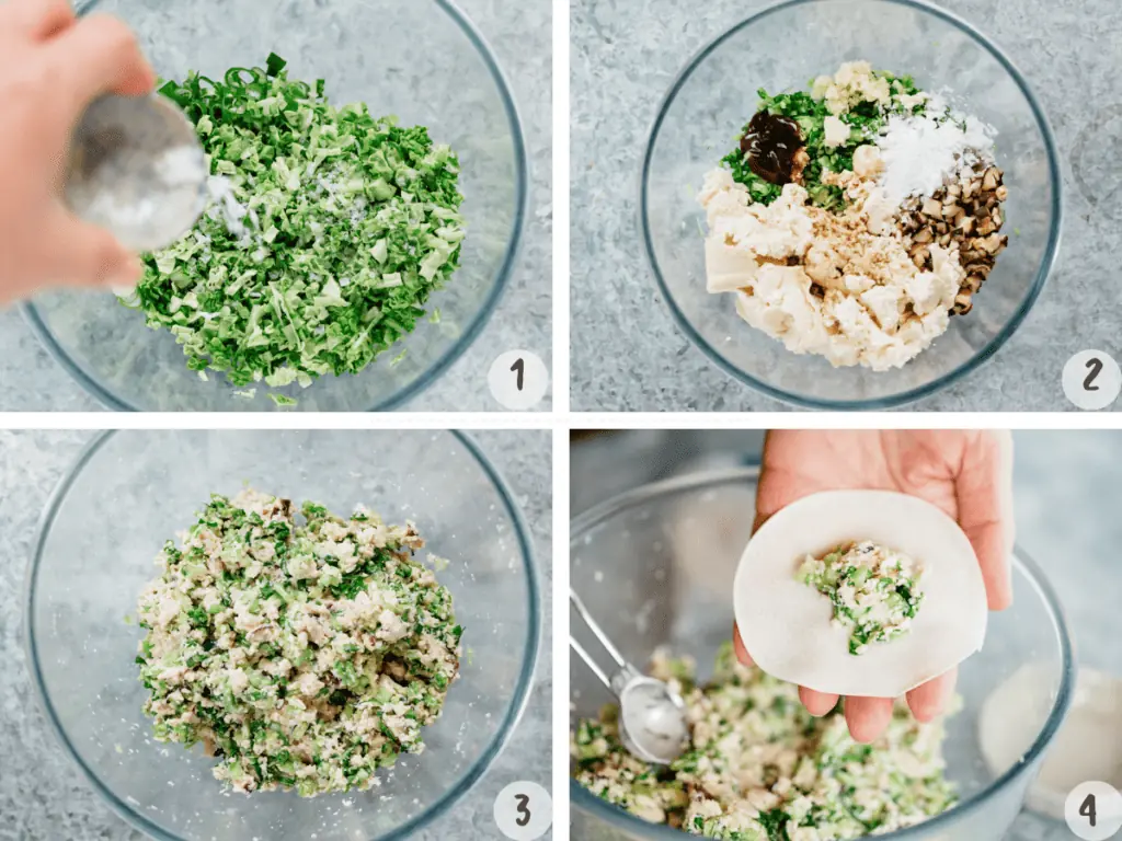 4 images of vegetable gyoza fillings preparation 