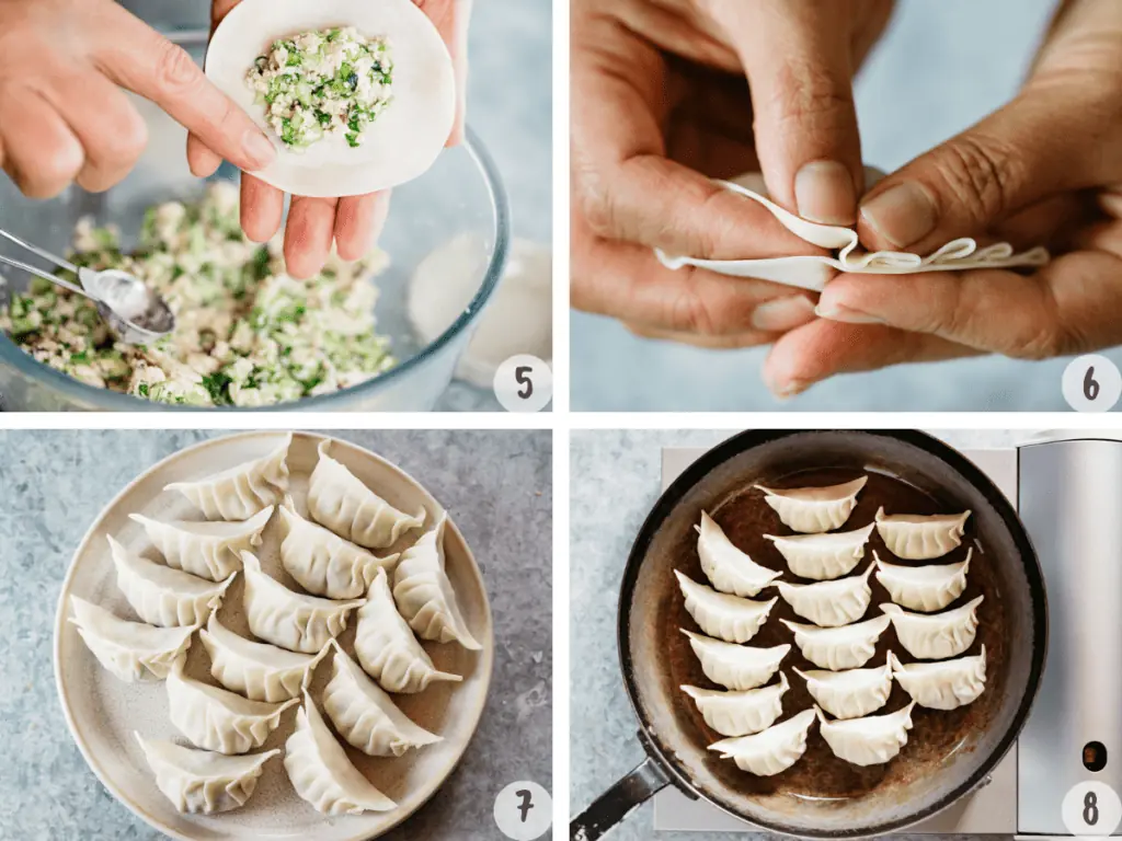 4 images of folding gyoza dumplings