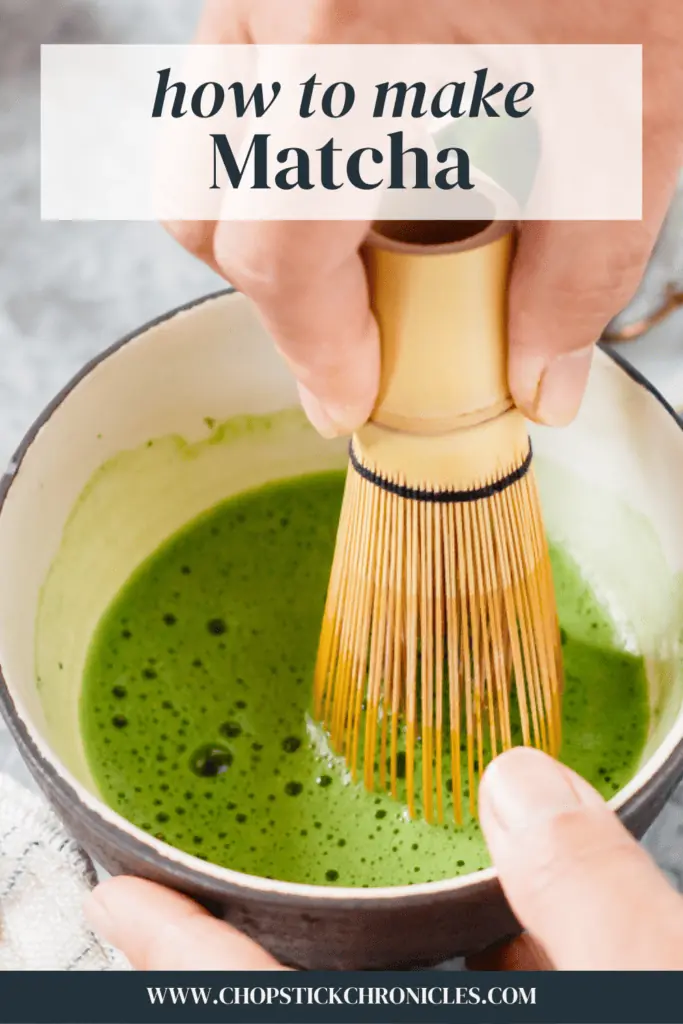 whisking matcha with a bamboo whisk in a tea bowl with text overlay for pinterest