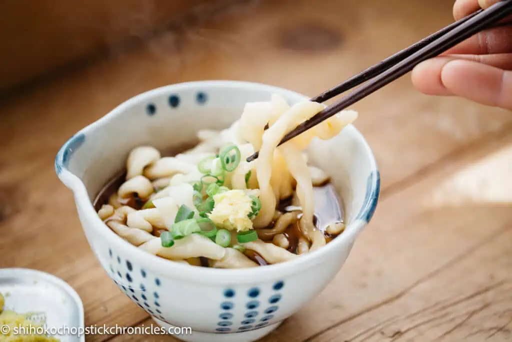 kake udon noodle soup in a noodle bowl