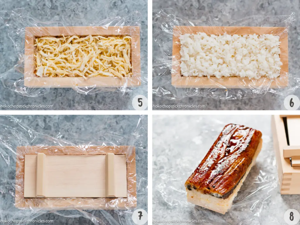 4 images collaged, layering kinshi tamago on top of sushi rice, then rice layer, pressing with a lid of mold, and pressed unagi sushi 