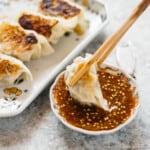 gyoza plate and a small bowl of gyoza sauce, a gyoza dipped in
