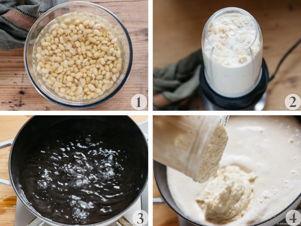 4 images of soaking soybeans, blending it, boiling water in a pot, and adding blended soybeans 
