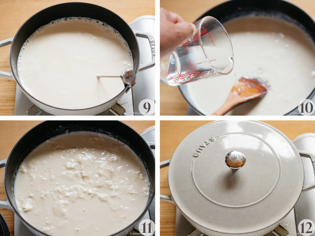 4 images collage of heating up soy milk, adding nigari, and soy milk curd in a pot 