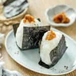 Japanese rice balls with umeboshi and nori seaweed.