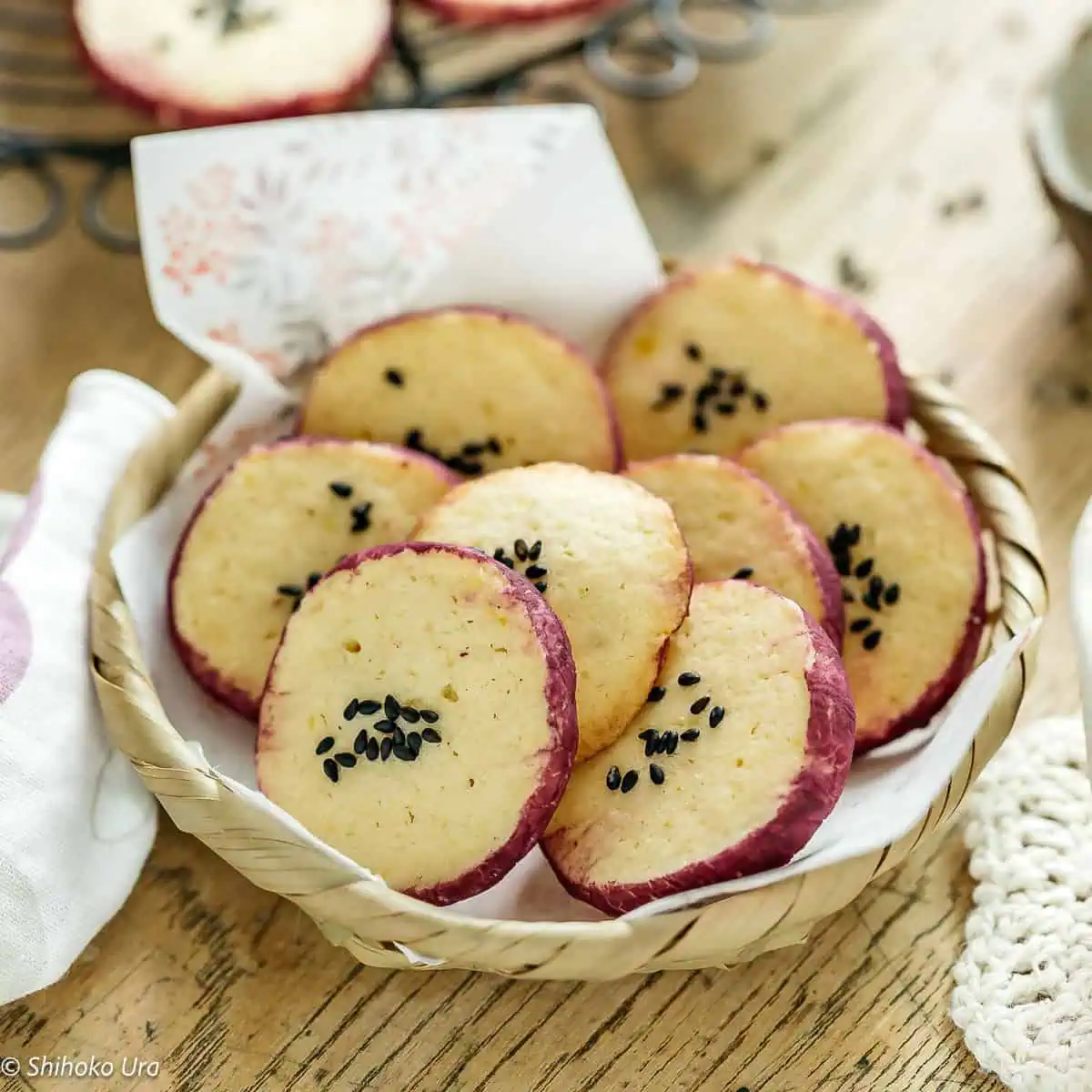 8 sweet potato cookies on a bamboo plate